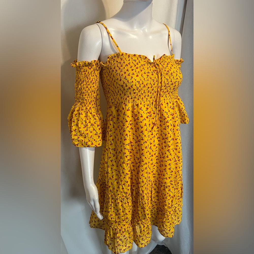 NWT Betsey Johnson Sz L Yellow Cherry Delight Smocked Tiered Ruffle Mini Dress